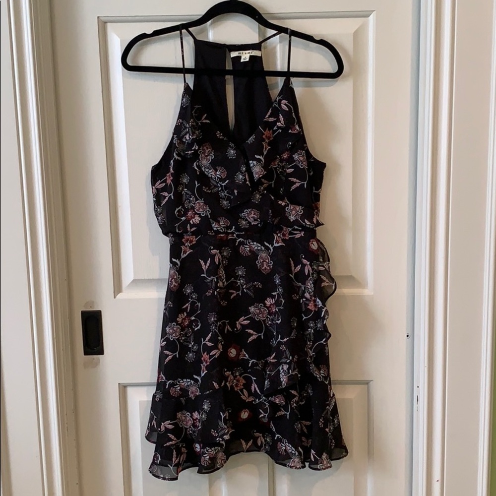 Cute Ruffled Black Dress with Floral Pattern